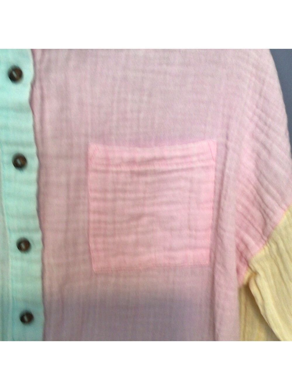 Simply Southern Color Block Gauze Button Down Pineapple Top – Medium - Picture 3 of 11